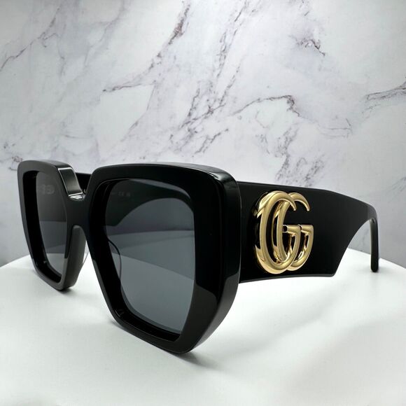 New GUCCI Sunglasses Black Gold Square Interlocking GG Metal Logo Oversized
